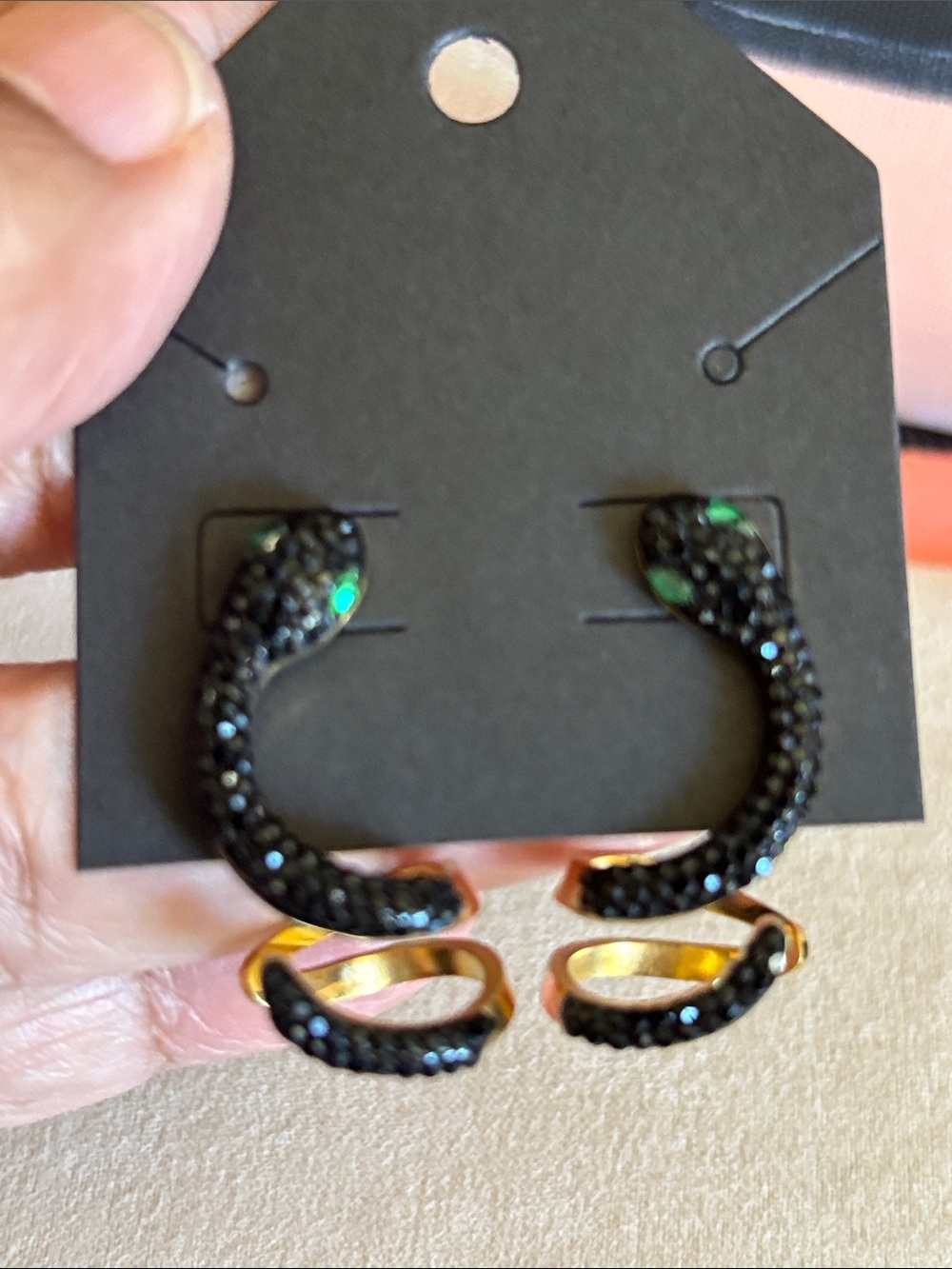 Black Crystal Snake Hoop Earrings with Green Eye Accent